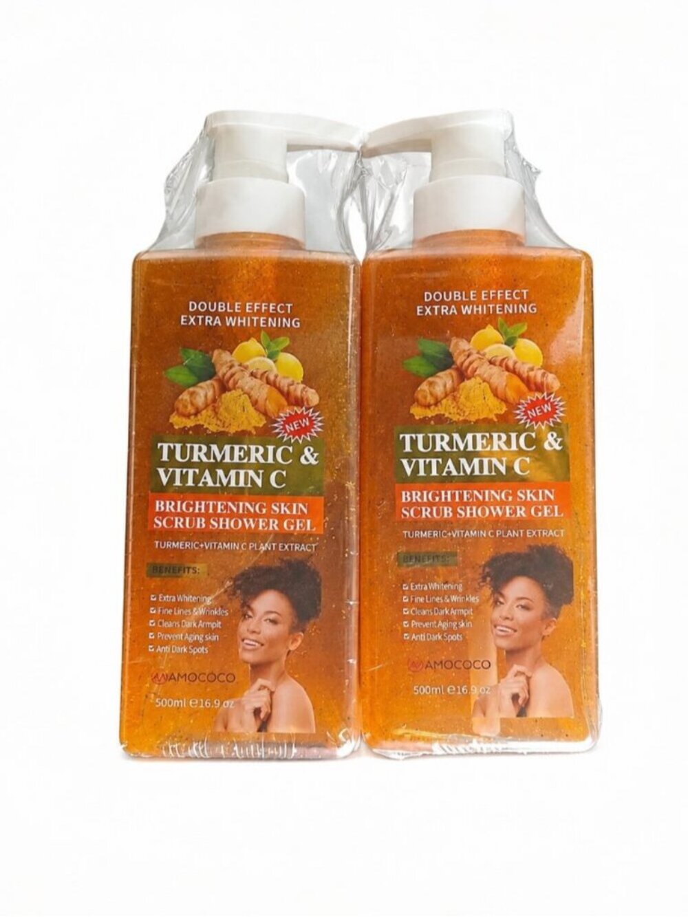 Turmeric & Vitamin C Brightening Skin Scrub Shower Gel 500ml 2 Pack NEW